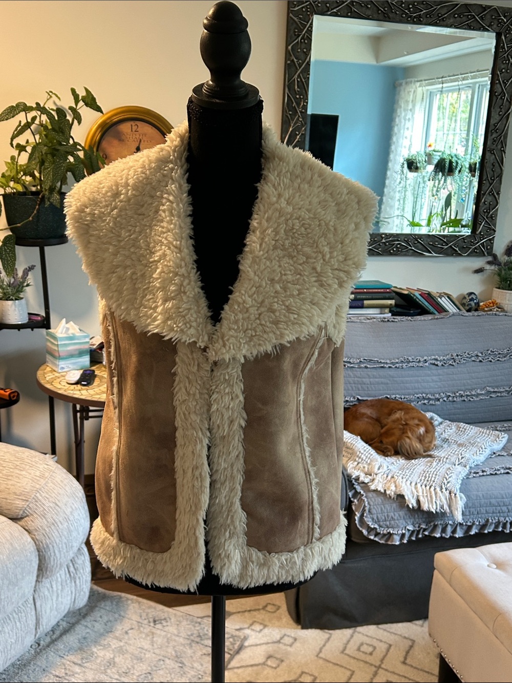 Suede-Style Tan Shearling Vest with Cream Sherpa Trim